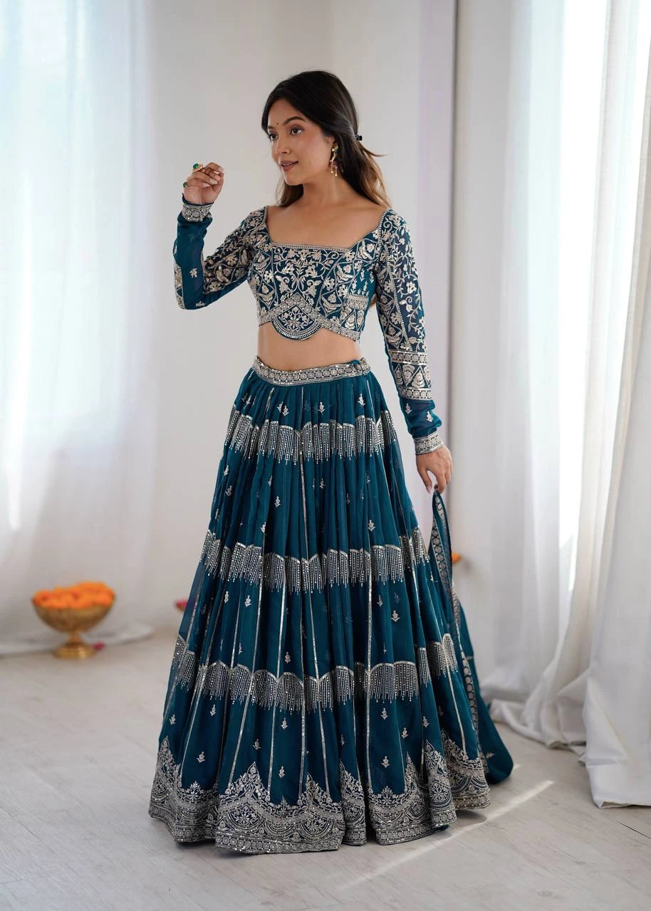 Dark Turquoise Sequins Embroidered with Thread Work Faux Georgette Lehenga